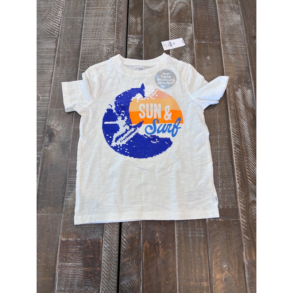 Gap Kids Sun & Surf Flip Sequin Graphic T-Shirt White XS 4-5 NWT